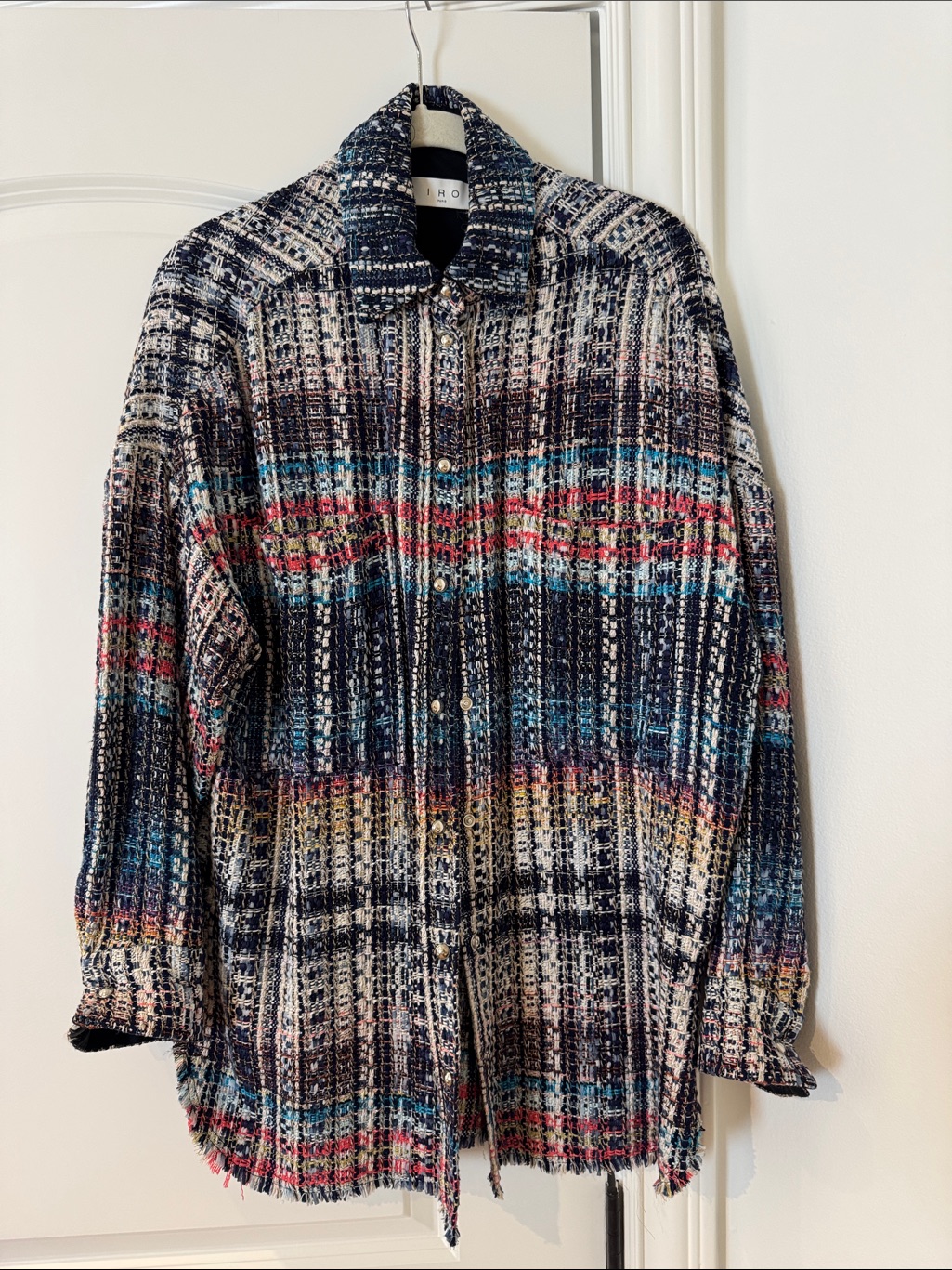 Iro Multicolor Tweed Button-Down Shirt Jacket - Navy, Blue, Pink, Cream
